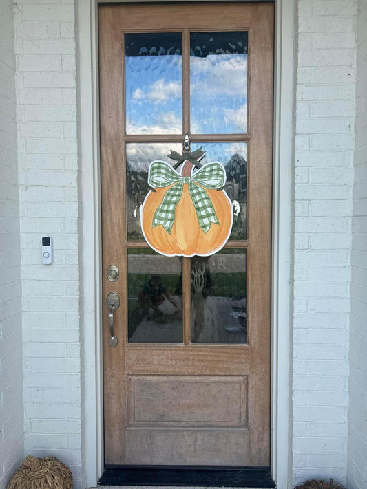 Orange Pumpkin Green Bow Door Hanger